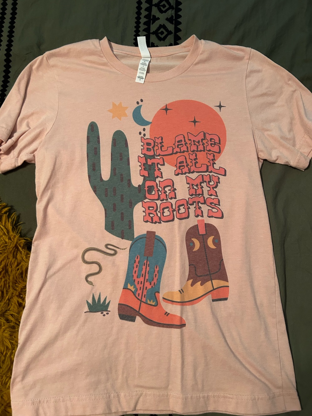 Bella Canvas Light Pink Graphic Tee with Multicolor Design
